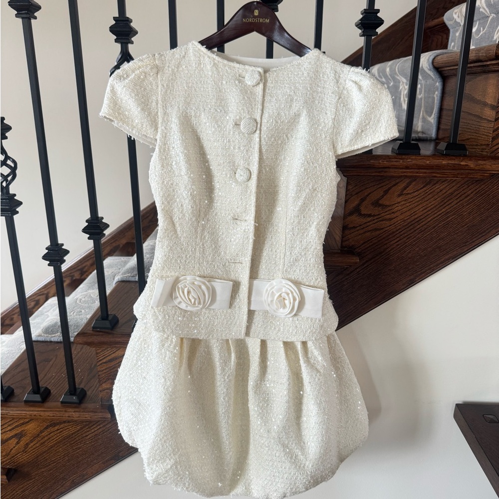 SELF-PORTRAIT White Embellished sequined bouclé mini dress